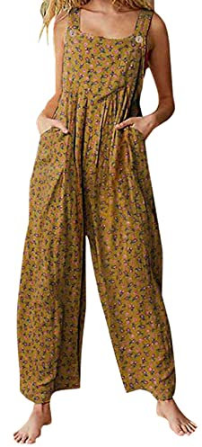 Edhomenn Women Summer Dungarees Multicolor Ethnic Style Square Neck Long Jumpsuit Playsuit Sleeveless Casual Baggy Overalls Rompers (B-Yellow, XL)