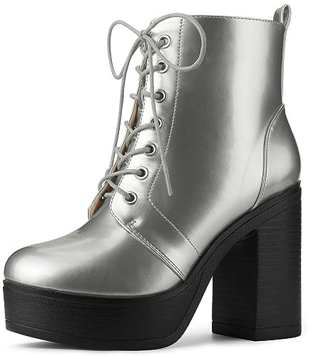 Allegra K Botines Tacón Grueso Cordón Arriba con Cremallera Y Plataforma para Mujeres Plata 36