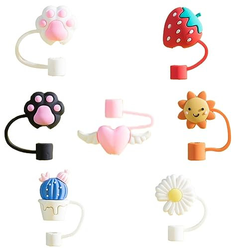 7 PCS Straw Tips Covers Lovely Shape Reusable Silicone Straw Tip Toppers for 6-7 mm Straws,Soft Protector Dust-Proof Straw Cover Caps Plugs