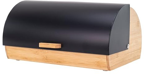 Erreke Black Bread Bin, Roll Top Bread Bins for Kitchen, Increase Freshness Time and Preserve Aroma of Fresh Pastries, Large Front Opening, Box Made Durable Steel and Bamboo, Matte Black