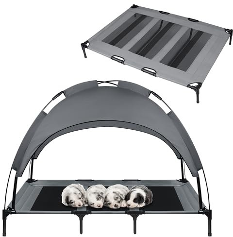 SUBTLETY Erhöhtes Hundebetten 122x92x102cm Hundeliege Hundezelt mit Sonnensegel Dach & rutschfeste Füßen & Atmungsaktivem Mesh Haustierbett Outdoor Tragfähigkeit bis 60KG für Garten Camping Reisen