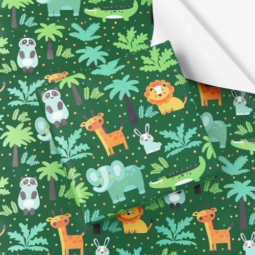 Geluode Geburtstags-Geschenkpapier für Kinder, Mädchen, Jungen, Grüne Waldtiere Design, Geschenkpapier für Geburtstag Babyparty, 4 Bögen Grün Flach gefaltet, 50 x 70 cm pro Blatt