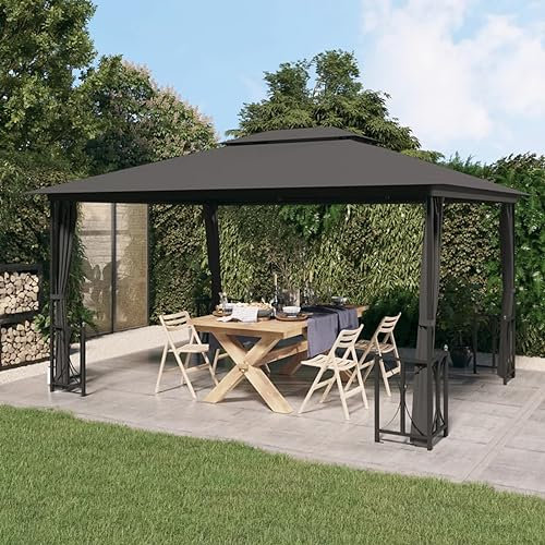 ARKEM Pavillon mit Seitenwänden & Doppeldach 3x4 m Anthrazit TerrassenüBerdachung Raucher Pavillon