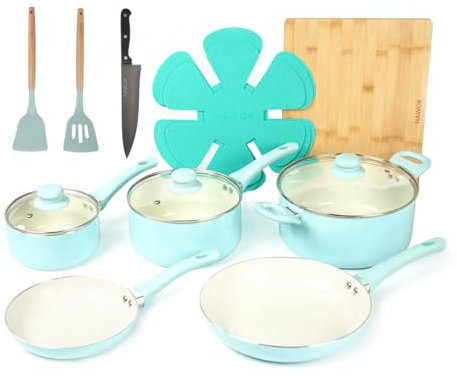 HAWOK Küchen-Kochgeschirr-Set aus Keramik, Antihaftbeschichtung, Induktion, 15-teiliges Set aus gepresstem Aluminium mit Bakelite-Griffen und Glasdeckeln, PFAS-frei