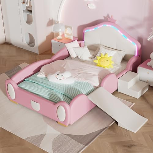 Lit90x200cm Cartoon Crown avec Bandes LED Multicolores et multimodes,PU lit pour Enfants avec Petit Toboggan et escalier, protégé par des Bords Souples, avec Lattes en Bois, Rose + Beige