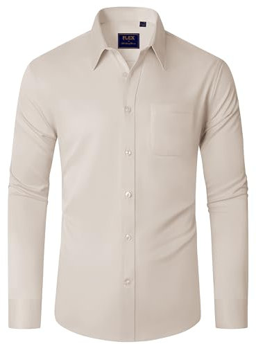 J.VER Herren Hemd Regular Fit Beige Langarm Herrenhemden Beige Freizeithemd Oberhemden Bügelfrei Stretch Hochzeit Modern,XL
