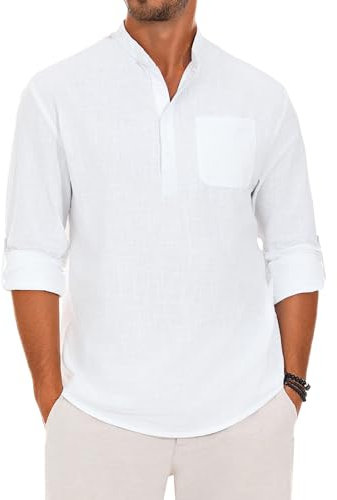 Wayleb Freizeithemden für Herren Langarm Baumwolle Casual Stehkragen Hemden Männer Henley Shirt Regular Fit Sommerhemd Shirts mit Brusttasche, Weiß L