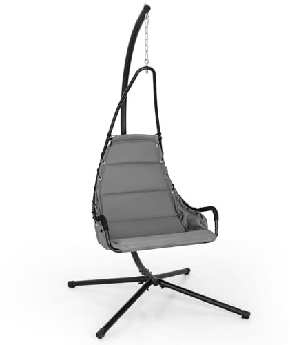 COSTWAY Fauteuil Suspendu avec Support en Acier, Balançoire Suspendue avec Siège Rembourré Extra Large, Chaise Hamac pour l'Intérieur et l'Extérieur, Charge 120 KG (Gris)