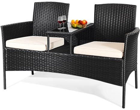 LIFEZEAL Rattan Gartenbank mit Tisch, Gartensessel Gartensofa für 2 Personen, Doppelbank mit Glastisch, 2-Sitzer Bank mit Kissen, Sitzbank Gartensitzbank für Balkon, Terrasse (Weiß1)