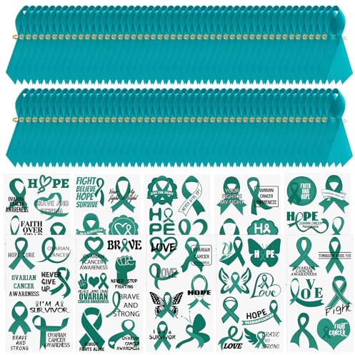 WANDIC Türkis Band Awareness Kit, 100PCS Band Pins 10 Blätter temporäre Tattoo für Eierstockkrebs für gemeinnützige Aktivitäten