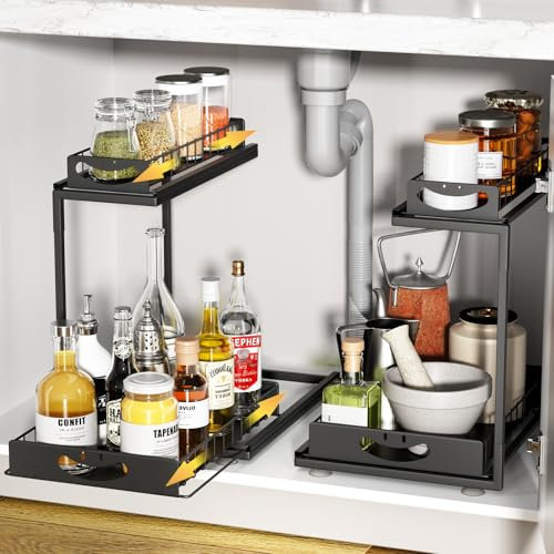 SUMAITech 2 Paquete Organizador bajo Fregadero Metal, 2 Niveles Estantería bajo Fregadero, Estante Organizador Extensible, Almacenaje Cocina, Negro