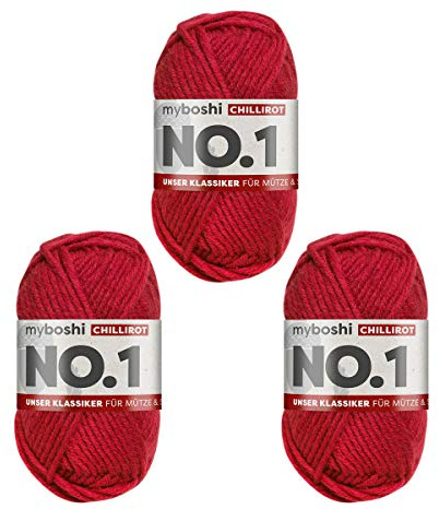 myboshi No.1 Wolle zum Häkeln und Stricken, Schnellstrickgarn, langlebige Mützenwolle, Strickwolle, Häkelwolle, mulesing-frei, 50g, Ll 55m Rot (Chillirot) 3 Knäuel