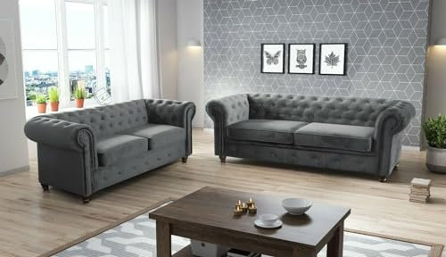 Easy4You Chesterfield Dunkelgrau Set 3-Sitzer + 2-Sitzer Sofa Sofas für Wohnzimmer Sofagarnituren mit Holzfüße Set Sofas & Couches