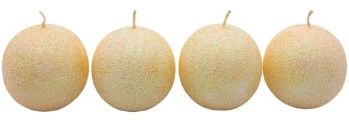 Dekohelden24 Hochwertige Handgemachte Glitterkerze, Dekokerze, Glitzerkerze, Tischkerze als Kugel - Kugelkerze im 4er Set in Creme, Lieferumfang 4 Kerzen, Größe L/B/H: ca. 6 x 6 x 6 cm.