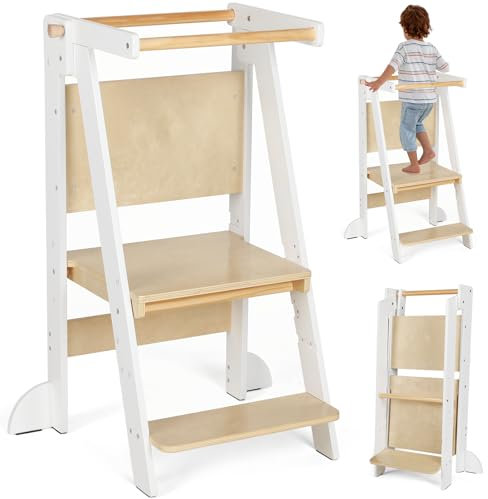 KIDINIX Klappbarer Holz Lernturm, Platzsparend Learning Tower ab 1 Jahr, Höhenverstellbar Kinder Turm mit Tafel, Küche Lernstuhl für Badezimmer und Waschbecken, Weiß