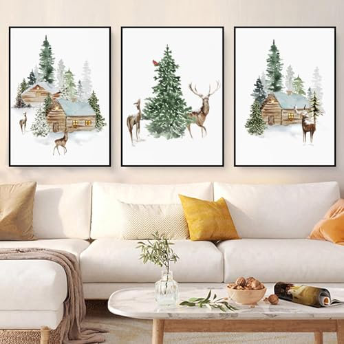 champracer 3er Weihnachts-Poster Set, Wald Wandkunst Wandbilder Modern Winter Bilder, Elch, Holzhaus, Ohne Rahmen Print Kunstposter Ohne Rahmen Gemälde, Wandkunst, Elch (30 x 40 cm,Elch)