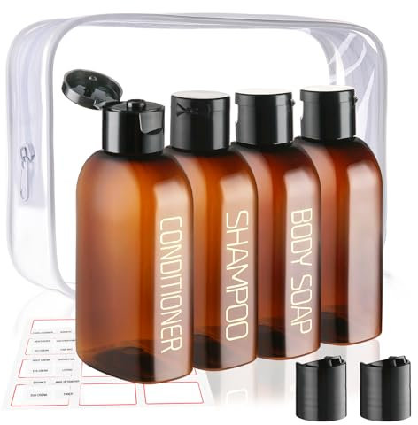 Decorniqu Travel Bottles for Toiletries 4pcs 100ml Leak Proof Travel Size Toiletries TSA Approved Travel Shampoo and Conditioner Bottles Reusable Travel Kit Plastic Squeeze Bottles with Flip Cap