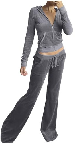 KKvoPiQ Anzüge Für Damen Sexy Schlafanzug Einteiler 2 Piece Outfits Tracksuits Long Sleeve Zip Up Hooded Jacket Wide Leg Pants Casual Y 2K Suit Damen Zweiteiler Outfit Winter Elegant (Grey, S)