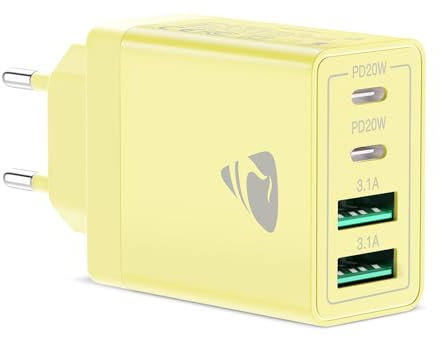 USB C ladegerät, 4-Port Schnellladegerät mit Intelligent QC USB-A und USB-C Power Adapter, 40W Netzteil Mehrfach USB Ladegerät für iPhone, Samsung, Handy Schnellladen Charger Ladestecker (Gelb)