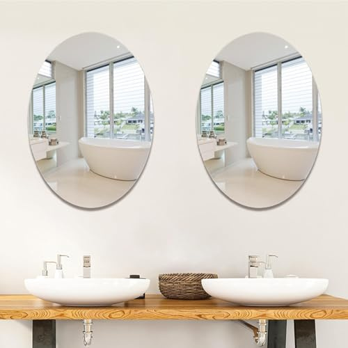 Ovaler Wandspiegel ohne Glas 2Pcs Ovaler Eitelkeitsspiegel Selbstklebende Acrylspiegel Wandaufkleber Flexibler rahmenloser Plastikspiegel Dekorativer Wandspiegel für Badezimmer, Wohnzimmer, Eingangsbe
