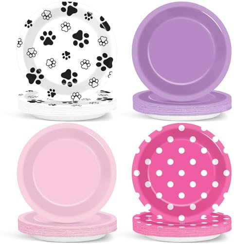 48Pcs Pink Paw Print Party Paper Plates for Dog Birthday Party Decorations 7 Puppy Dog Girl Party Disposable Dessert Plates for Pink Dog Themed Girls Birthday Baby Shower Party Supplies Favors