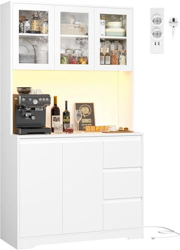 FirFurd Küchenschrank Buffetschrank mit LED Sideboard für Küche mit Steckdosenleiste Küchenschrank mit Arbeitsplatte und 3 Schubladen Küchenbuffet mit Verstellbares Regal 180x100x38.5 cm weiß