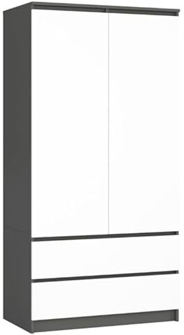 BDW Kleiderschränk 2 Türen, 4 Einlegeböden, Kleiderständer, 2 Schubladen, Garderobenständer, Schubladenschrank, Garderobenschrank für Schlafzimmer, Wohnräume, 180x90x51cm, (Grau/Weiß)