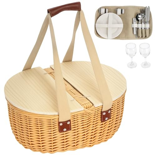 Outsunny Picknickkorb aus Weide für 2 mit Deckel aus Kiefernholz, Picknickkorb mit Kühlfach, Besteck-Service-Kits, Tragegriff für Camping, Outdoor, Valentinstag, Weihnachten, Geburtstag, Hellbraun