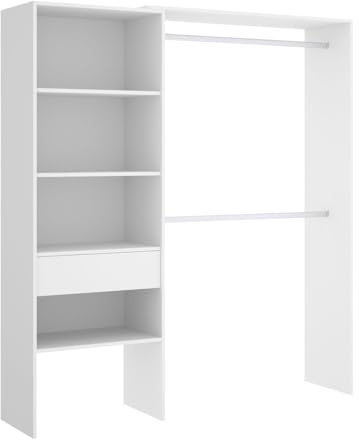 Vicawu OFFENER KLEIDERSCHRANK MIT SCHUBLADEN NEFER - Weiß Ankleidezimmer mit 2 Stangen, Schublade und 4 Regalen. Offener Schrank, in den Maßen verstellbar.