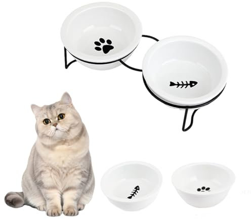 Cat Food Bowl, with Feeder Water & Food in One-Double Bowl, Ceramic Dish with Metal Stand, Drinking Bowl Feeding Bowl for Cat Kitty Puppy Dog Food Bowl, Dishwasher Safe
