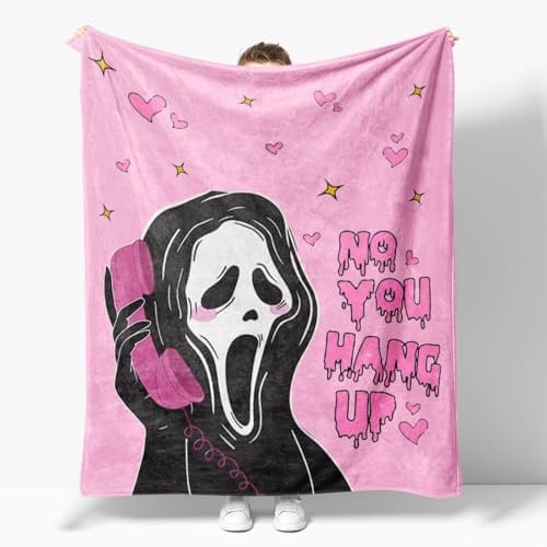 Snylcce No You Hang Up Geister Gesicht Decke, 130x150cm Hellrosa Flanell Wohndecke, Gruselige Horror Ghost Überwurfdecke, Halloween Deko für Sofa Bett Schlafzimmer