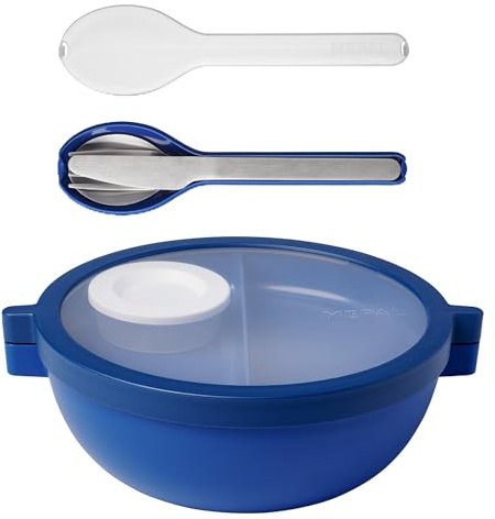 Mepal - Meal Prep Boxen Vita Set - Bento Schüssel + 3-teiliges Besteck-Set Ellipse - Brotdose mit Fächern - Extra Fach mit Deckel, Dressing-Deckel & Tablett - Bentobox - 1500 ml - Vivid Blue