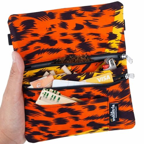 Porta Tabacco e Portafoglio Compatto con Doppia Cerniera – Astuccio Portatabacco con Fantasia Africana Colorata e Scomparti per Cartine, Filtri, Accendino, Carte e Contanti – Uomo e Donna (Leopard)