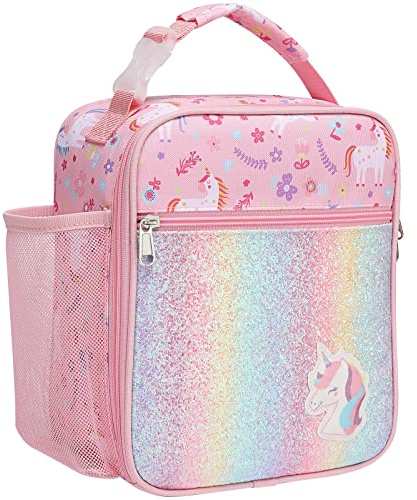 Bagseri Isolierte Kühltasche Kinder - Groß Lunchtasche Kinder für Mädchen mit Flaschenhalter, auslaufsicher Lunchbox Kühltasche Klein für Picknick Schulen, Glitzerndes rosa Einhorn