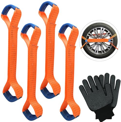 MSIHEY 4 Cinghie di ancoraggio incrociate per pneumatici di rimorchi per trasporto auto, Cinghie di ancoraggio a cricchetto per pneumatici, Arancione, Confezione da 4, Incluso un paio di guanti