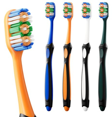 Vonmerie 2 Stücke Zahnbürste Hart für Erwachsene, 360° Rundkopfbürste mit DuPont Borsten, Entfernt Zahnbelag & Verfärbungen, Ergonomischer Griff(Weiß/Orange)