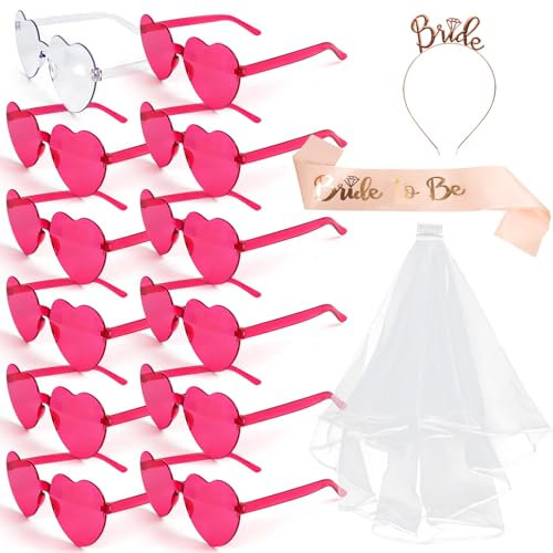 ROTKUSZ 15 Pezzi Gadget Addio al Nubilato Sposa e Amiche, Team Bride Occhiali a Forma di Cuore, Bride to Be Fascia, Tiara, Velo, Addio al Celibato da Donna Gadget, Decorazioni per Feste di Matrimonio