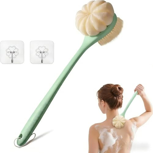 CYMPHW Back Scrubber for Shower, 15.7 Loofah with Handle, Back Shower Brush with Bristles and Loofah, Dry Brushing Body Brush for Cleanse Back and Hard to Reach Areas with Curved Long Handle