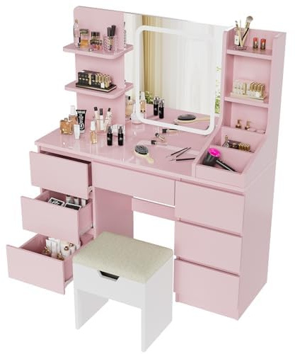 Devoko Coiffeuse LED avec 7 Grands Tiroirs, 3 Couleurs avec Luminosité Réglable, Table de Maquillage, Coiffeuse avec Miroir pour la Chambre à Coucher (Rose+Blanc)