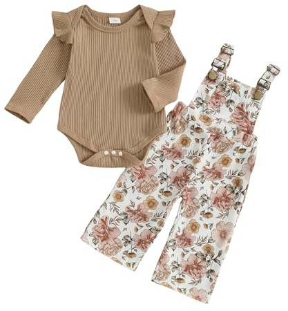 XIXIMAON Baby Girl Outfit Ribbed Knitted Bodysuit Floral Dungarees Set 2Pcs | Solid Color Long Sleeve Romper Flower Camouflage Print Suspender Trousers Infant Overall Outfit Newborn Spring Autumn Clothes