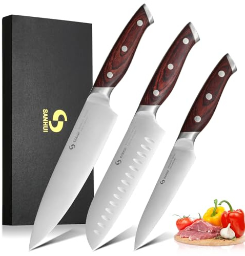 SANHUI Kitchen Knife Set of 3 - High Carbon Steel, Pakkawood Handle | Ultra-Sharp Chef Knife Set Includes Chef, Santoku & Utility Knives. Perfect for daily meal prep, meat, veg & fruit.