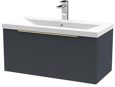 Balterley Vanity Unit with Basin Wall Hung, Single Drawer Soft Close with Mid Edge Sink and Handle, Bathroom Vanity Units with Basin, Fluted Front Sink Cabinet - 810 x 390 x 399mm (Dark Grey)