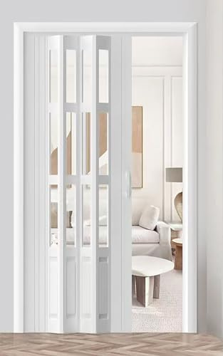 Pounjsd falttür falttüren Innen Weiß 203 cm, Moderner Stil Raumspartür Schiebetür Faltwand, Weiß PVC Falttüren Innentüren Nach Maß Mit Acrylglas & Türgriffen, für kleine Räume, Schlafzimmer, Keller