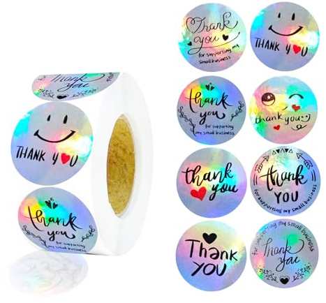 Dankeschön-Laseraufkleber, rund, 500 Stück, Kraftpapier, Weihnachtsaufkleber, 2,54 cm, kleines Geschäft, Dankeschön-Etiketten, Regenbogen-Dankesaufkleber für Weihnachten