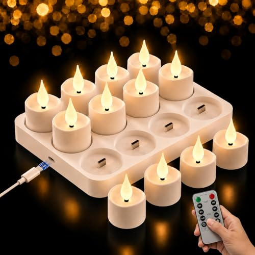 Candele LED Senza Fiamma Ricaricabili con Telecomando,Confezione da 12 | Candela Design Realistico,Luce Calda Tremolante,Durata 50+ Ore,Niente Fumo o Cera,Decorazione Riutilizzabile per Feste,Natale