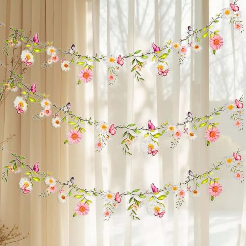 Naseom 2m Blumengirlande Party Deko 3 Stück PVC reißfestes Rosa | Blumen Girlande mit Gaensebluemchen Schmetterling für Geburtstag Gartenparty Zimmer wiederverwendbar aufhängen Wanddeko