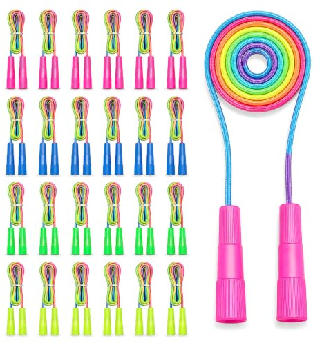 24 Pack Rainbow Jump Ropes 2.2m Adjustable Skipping Ropes for Fitness | 24Pcs adjustable skipping ropes in 4 assorted colours; durable nylon cord and non-slip handles for group fitness and sports