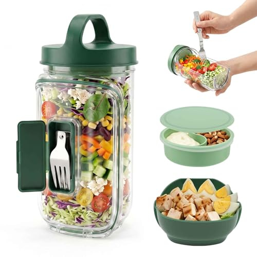 YUNYOUC Multifunctional Salad Pod Side Opening Salad Jar 1000ml Leak Proof Lunch Box with Dressing Cup and Foldable Fork Vertical Layering Meal Prep Bowl for Work Office and Travel(1Pack)