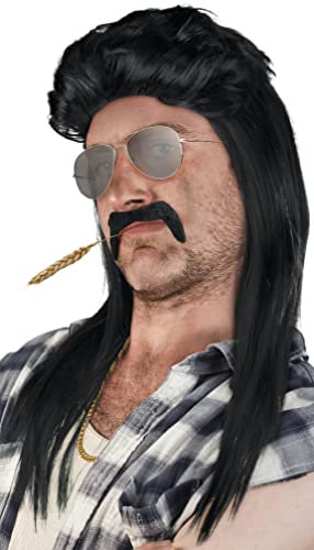 SET aus: Vokuhila Perücke + Bart + Goldkette + Pilotenbrille Silber - Prollperücke Vokuhilaperücke Proll Pimp Blond Brünette Grau Schwarz 80er 90er Jahre (Schwarz + Bart + Goldkette + Pilotenbrille)
