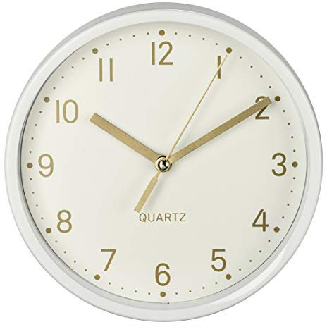 Hama analoge Wanduhr inkl. Batterie (geräuscharme Uhr ohne Ticken, batteriebetriebene Tischuhr mit Standfuß und schleichendem Sekundenzeiger, zum Hängen und Stellen, 16 cm rund) weiß, Gold